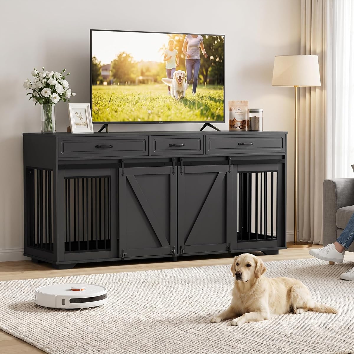 71" Double Dog Crate Furniture with 3 Drawers