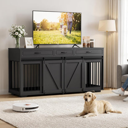 71" Double Dog Crate Furniture with 3 Drawers