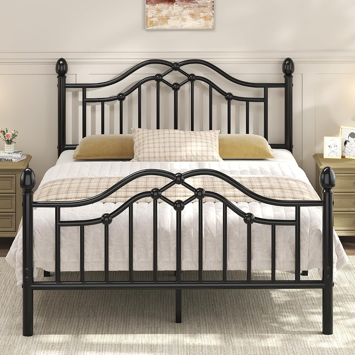 Full Size Metal Bed Frame with Victorian Headboard & Footboard, Black