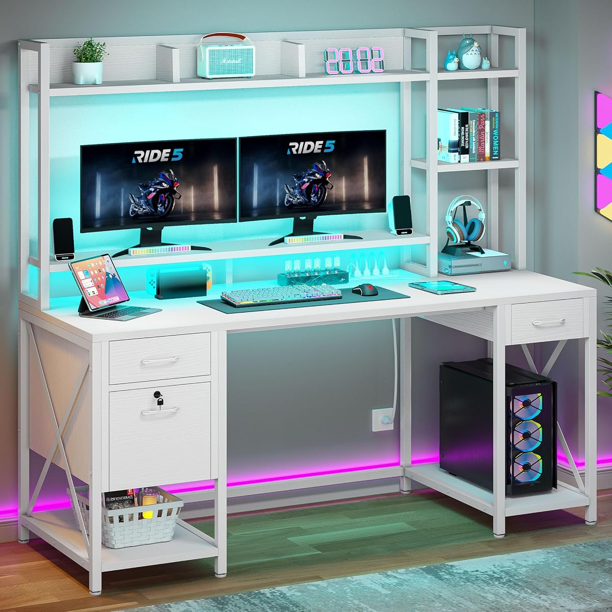 59.1" Computer Desk with Drawers & Hutch, Power & LED, White