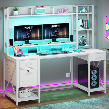 59.1" Computer Desk with Drawers & Hutch, Power & LED, White