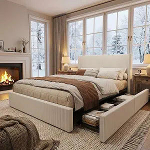 King Bed Frame with 4 Storage Drawers, Corduroy Upholstered Platform Bed, view 2