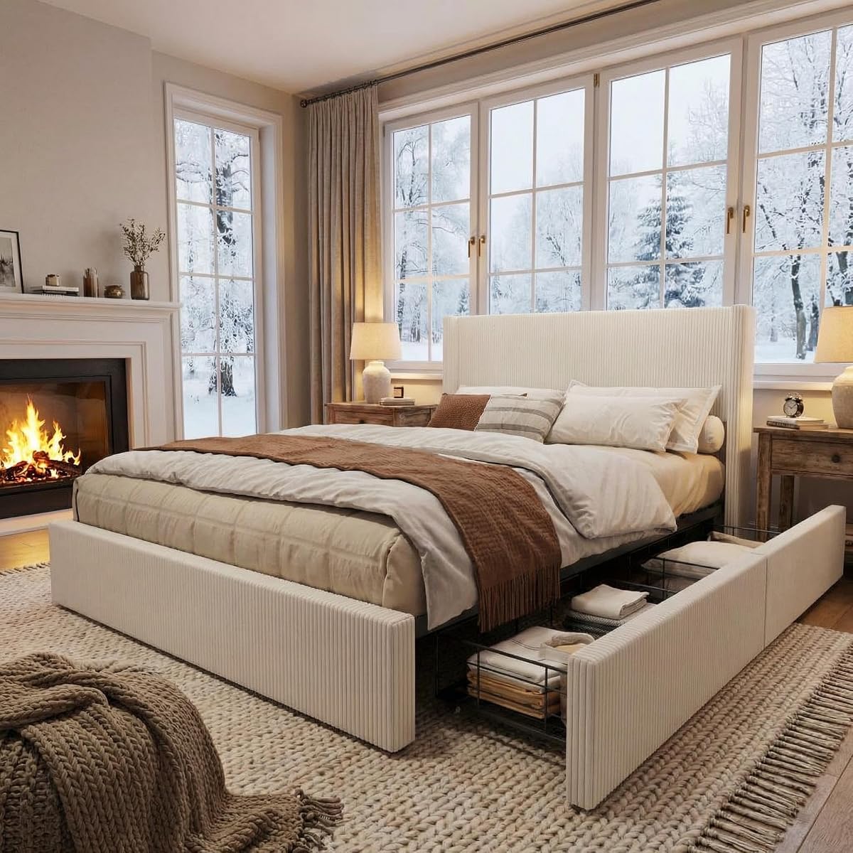 King Bed Frame with 4 Storage Drawers, Corduroy Upholstered Platform Bed