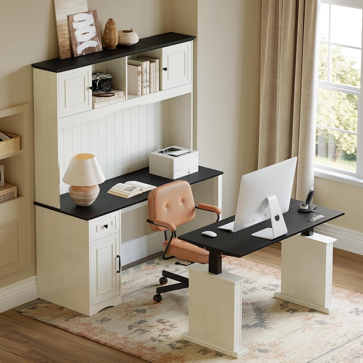80x60 L Shaped Electric Standing Desk with Hutch and Drawers