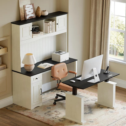 80x60 L Shaped Electric Standing Desk with Hutch and Drawers