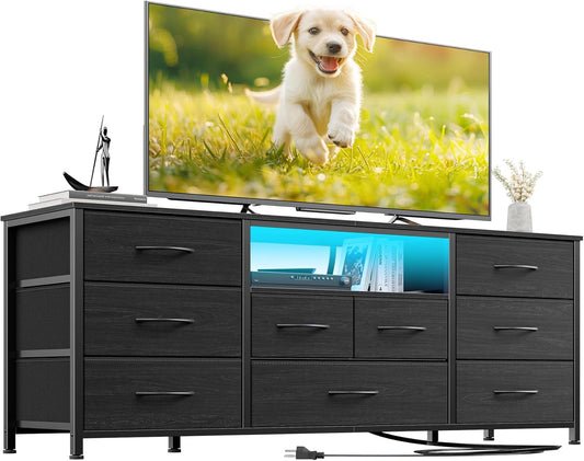 9 Drawer Dresser, 55” Long TV Stand for Bedroom, Entertainment Center with Power Outlet & LED Light for 55"-65" TV, Black Dresser with Fabric Storage Drawers for Closet