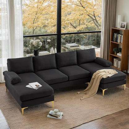 110" Modern Sectional Couch with 51" D Double Chaise, Black Deep Seat U Shaped Couch with Removable Pillows & Metal Legs, Comfy 4-Seat Sofas for Living Room, Linen Fabric