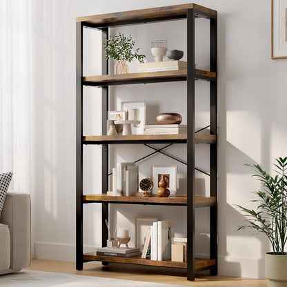 5-Tier Adjustable Heavy Duty Bookshelf, Industrial Wooden Open Storage Rack with Black Metal Frame, Vintage Bookcase with Lock Wall Design, Rustic Brown