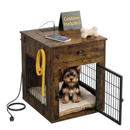 Dog Crate Furniture with Cushion and Charging Station for Indoor