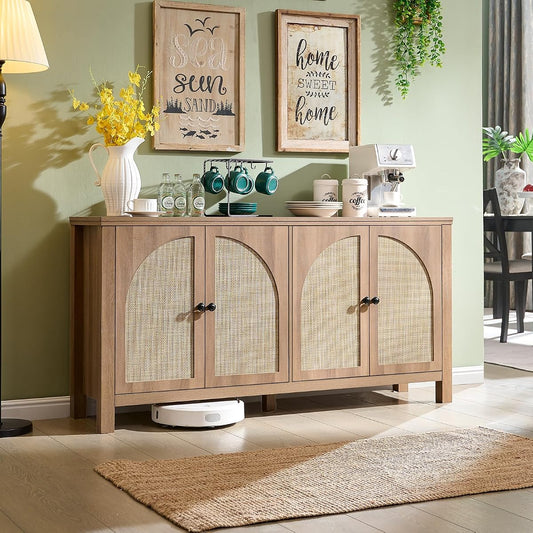 60" Rattan Sideboard Buffet Cabinet with Storage | Sideboard With Rattan Doors, Spacious Storage And Soft-Close Hinges, Ideal For Kitchens, Dining Rooms And Living Rooms