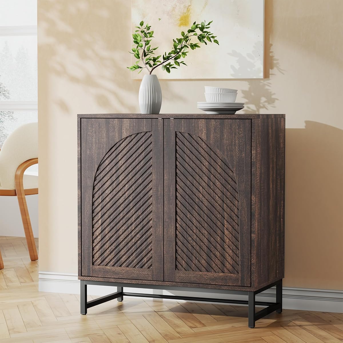 Fluted Sideboard Buffet Cabinet with Storage,Walnut