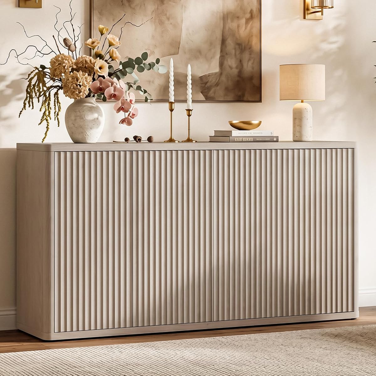 Buffet Cabinet with Storage Accent Sideboard with 4 Doors 66.3" Wide Fluted