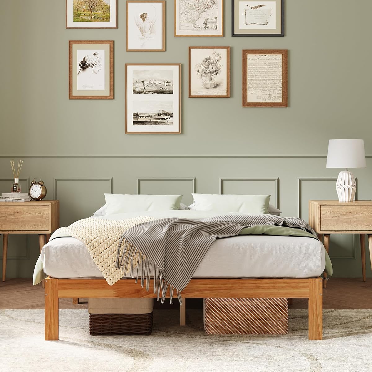 12 Inch Wooden Queen Bed Frame with Sturdy Slat Support, Natural Color