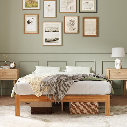 12 Inch Wooden Queen Bed Frame with Sturdy Slat Support, Natural Color