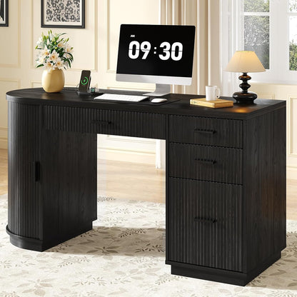 58 Inch Fluted Executive Desk, Computer Desk with Storage Drawers & File Drawer, Modern Home Office Desk with Charging Station for Working, Studying, Writing, Black