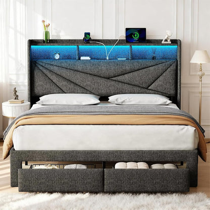 King Size Bed Frame with 2 Storage Drawers, Upholstered Headboard, LED Light