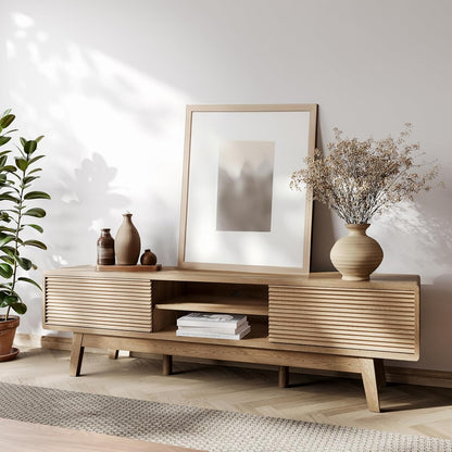 59" TV Console, Mid Century Modern TV Stand for 55/60/65 Inch TV, Low Profile Media Console with Fluted Sliding Doors, Boho Wood Credenza for Living Room, Oak