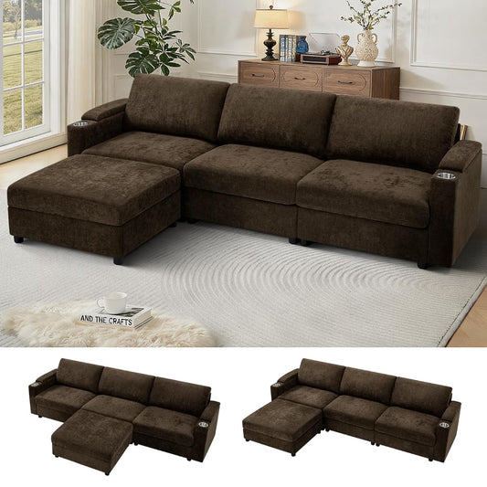 108'' Chenille Sectional Couch with Storage Armrests,L Shaped Upholstered Sofa with Movable Ottoman, 4-Seat Modular Couch with Cup Holders for Living Room, Brown