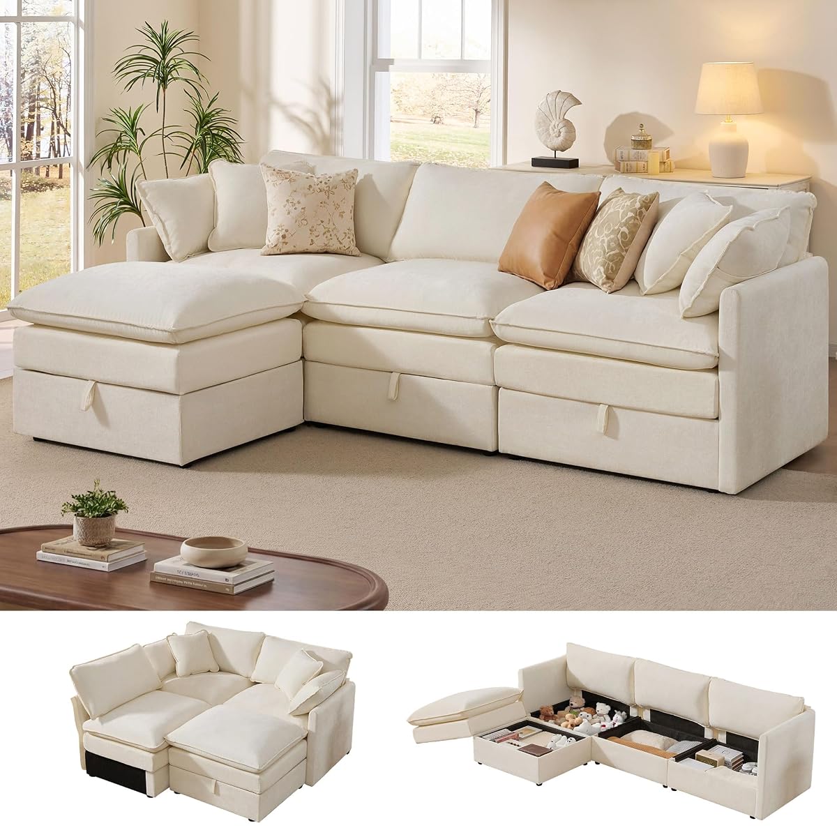 103" Modular Sectional Sofa with Storage, L Shaped Cloud Couch with Movable Ottomans & 4 Pillows, Chenille Deep Seat Sectional Couches for Living Room, Apartment (Beige)