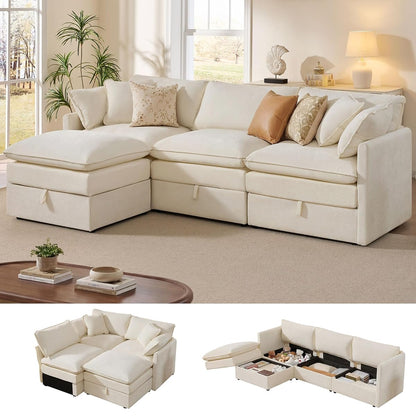 103" Modular Sectional Sofa with Storage, L Shaped Cloud Couch with Movable Ottomans & 4 Pillows, Chenille Deep Seat Sectional Couches for Living Room, Apartment (Beige)