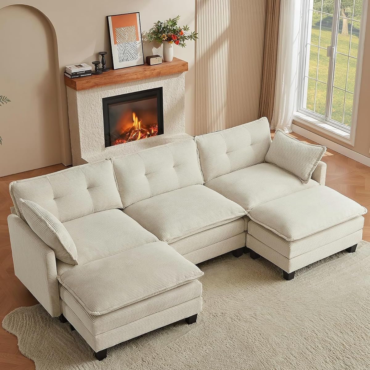 111.5" U Shaped Modular Sectional Sofa, Beige Corduroy | Cloud Couch for Living Room, 3 Seater Deep Seat Convertible Sleeper Sofa with 2 Movable Ottomans and 2 Leg Height Options