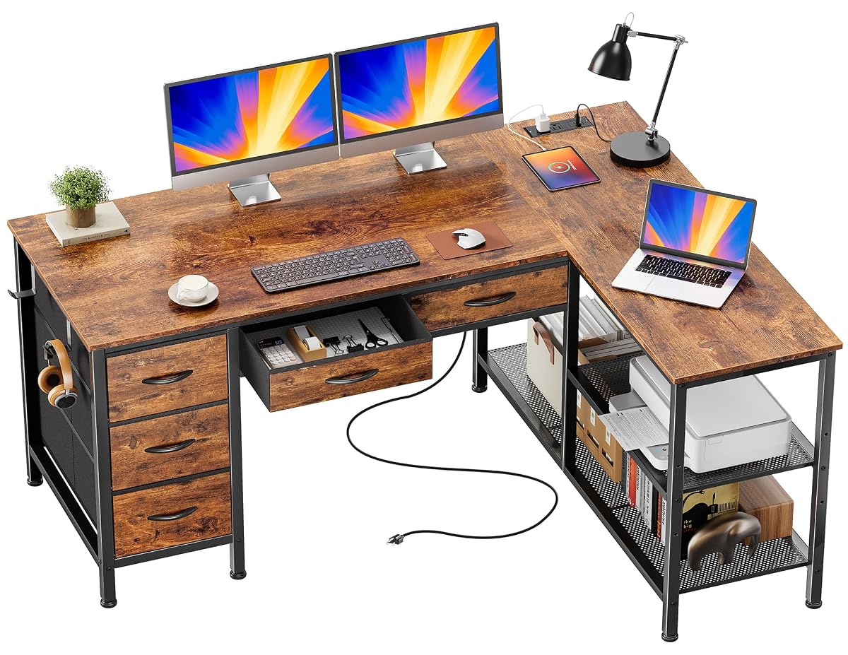 47 Inch L Shaped Desk with Power Outlets, 5 Fabric Drawers