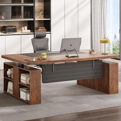 63" Executive Standing Desk with Storage, Executive Height Adjustable Desk with Power Outlets, Large Computer Office Desk with Privacy Panel for Home Office, Warm Golden Brown