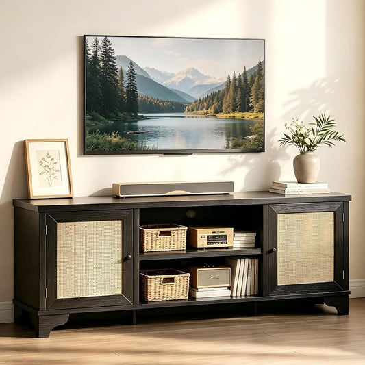 Rattan TV Stand for Living Room, Boho Entertainment Center for 55, 65 in TV