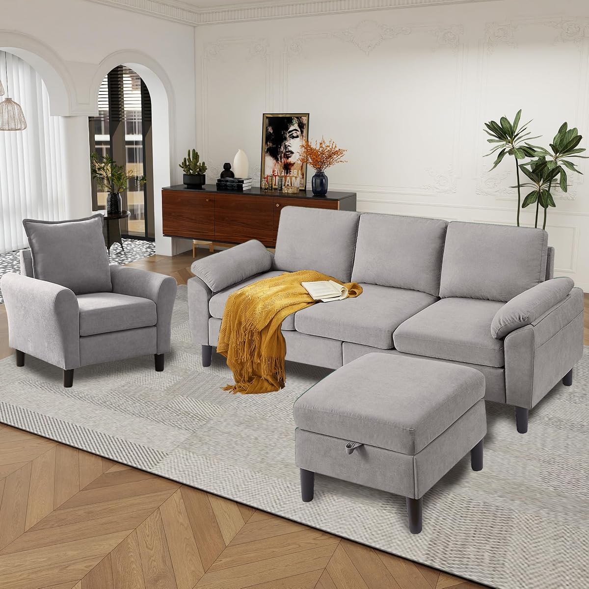 79" Convertible Sectional Sofa Set, Modern Linen Small L Shaped Couch with Reversible Ottoman and Accent Chair, 3-Seat Sofa Couches for Living Room, Office, Apartment, Light Grey