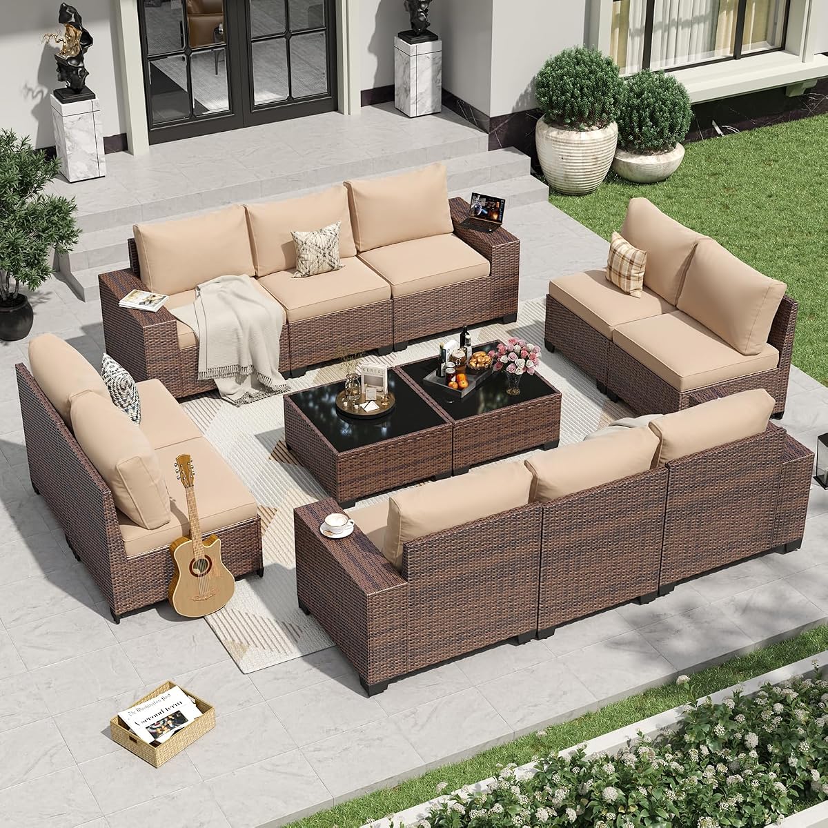 12 Pieces Patio Furniture Set Wicker Rattan Outdoor Sectional Conversation Set with Coffee Table and 4” Thickened Cushions, Beige (Waterproof Cover Included)
