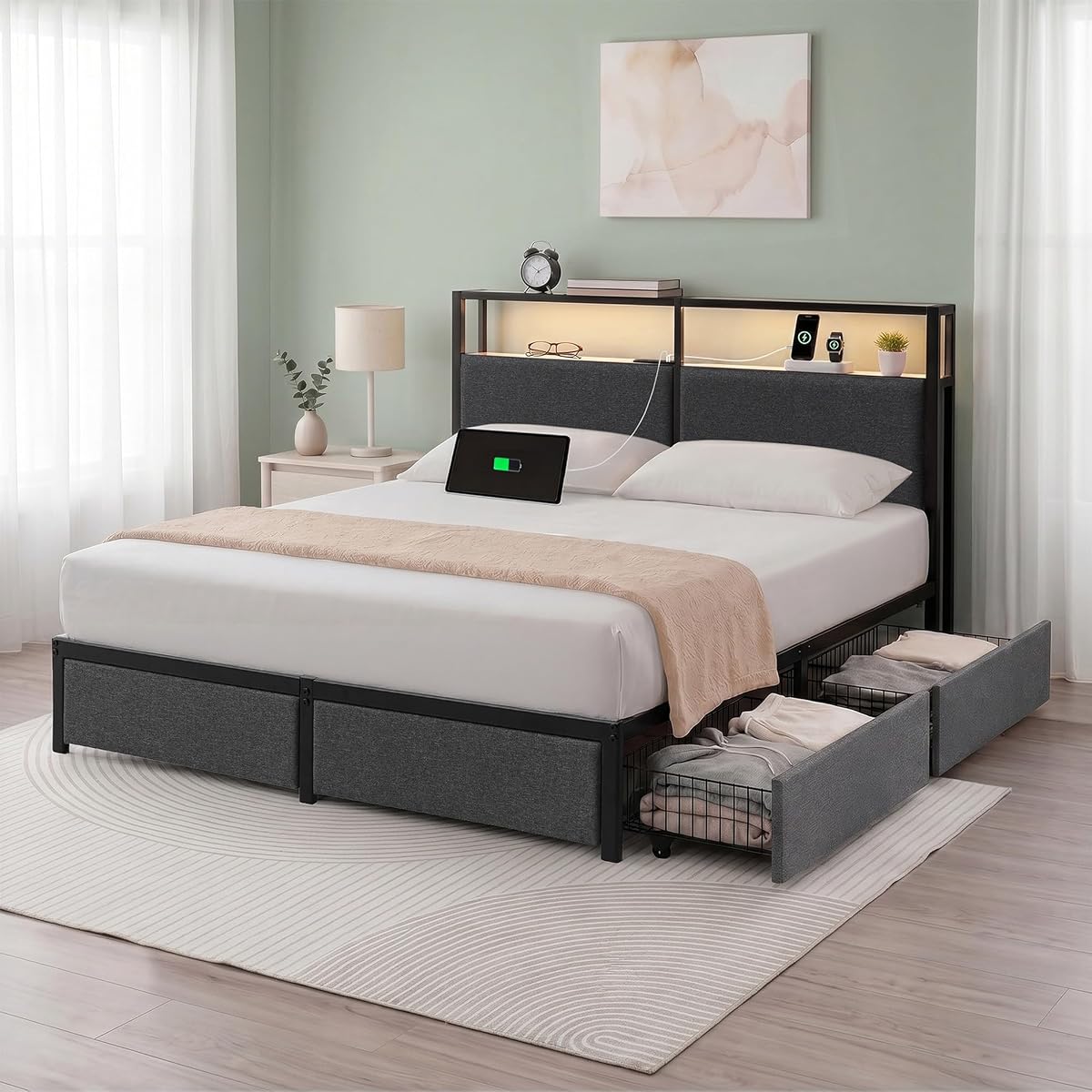Zinus Michael Upholstered Platform Bed Frame, Four Underbed Drawers, Queen