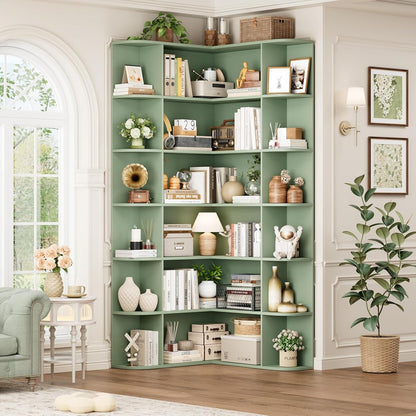 72” Tall Corner Bookshelf, 6-Tier Bookshelf and Bookcase with Open Storage, Tall Bookcases Wooden Storage Shelves for Home Office, Thickened Boards for Better Load Bearing, Green