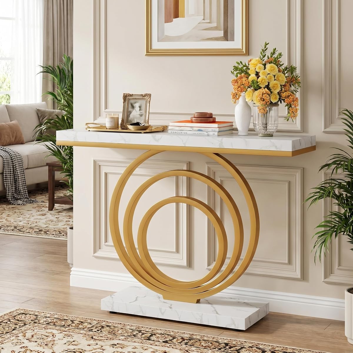 Tribesigns 41-Inch Gold Entryway Table, Modern Console Table Narrow Long, Contemporary Accent Table for Living Room, Hallway, Entrance, Faux Marble Veener Top