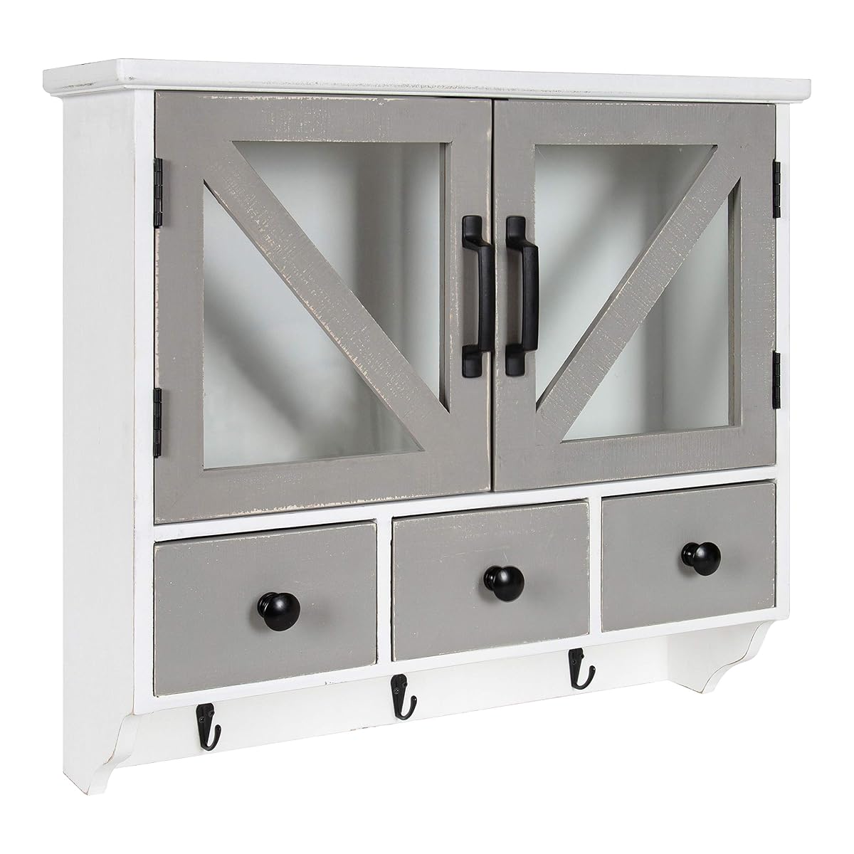 Hutchins Decorative Rustic Wood Wall Cabinet, 21" x 6" x 20", White and Gray, Farmhouse Decor Organizer with Magnetic Doors and Three Drawers