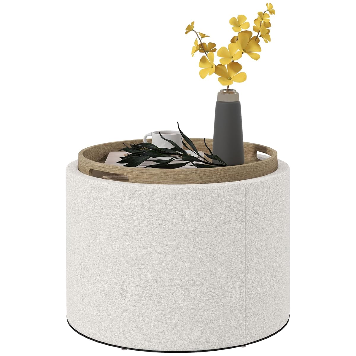 Round Storage Ottoman with Flip Top Tray, Upholstered Fabric Foot Stool, Small Coffee Table with Hidden Compartment, Accent Vanity Stool for Living Room, Cream White