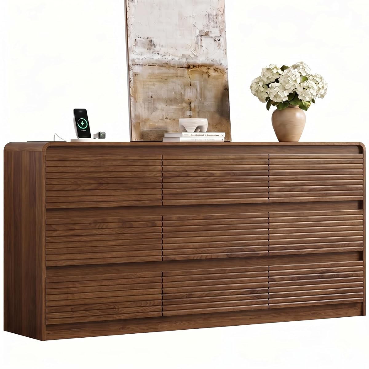 Walnut Fluted 9-Drawer Dresser for Bedroom w/Power Outlet