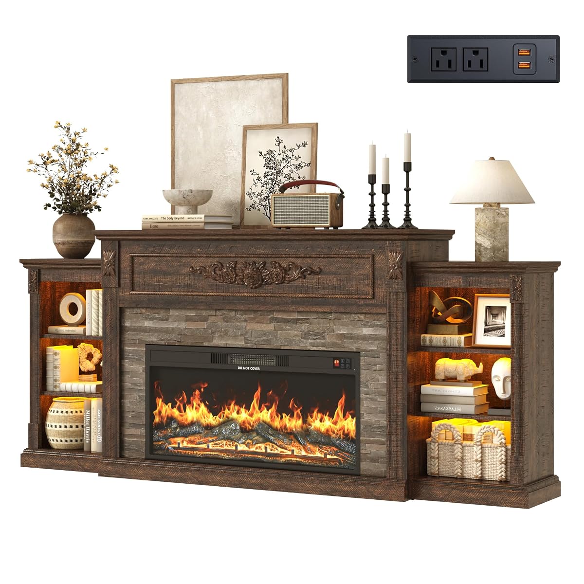 Farmhouse Fireplace with Mantel, 85" W 37.6" H TV Stand for 95" TV, Brown