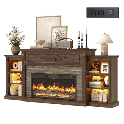 Farmhouse Fireplace with Mantel, 85" W 37.6" H TV Stand for 95" TV, Brown