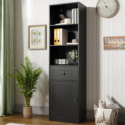 Farmhouse 71" Tall Bookshelf with Drawer, Narrow Bookcase with Adjustable Left/Right Door, Adjustable Shelf, Freestanding Display Book Shelf for Bedroom,Living Room, Office, Black