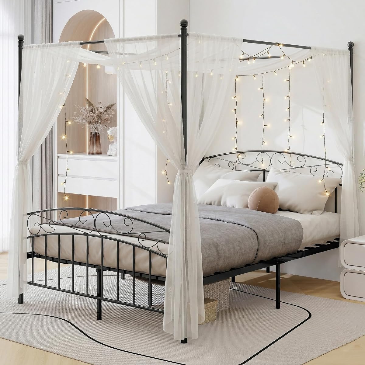 Metal Canopy Bed Frame Queen Size with Headboard & Footboard