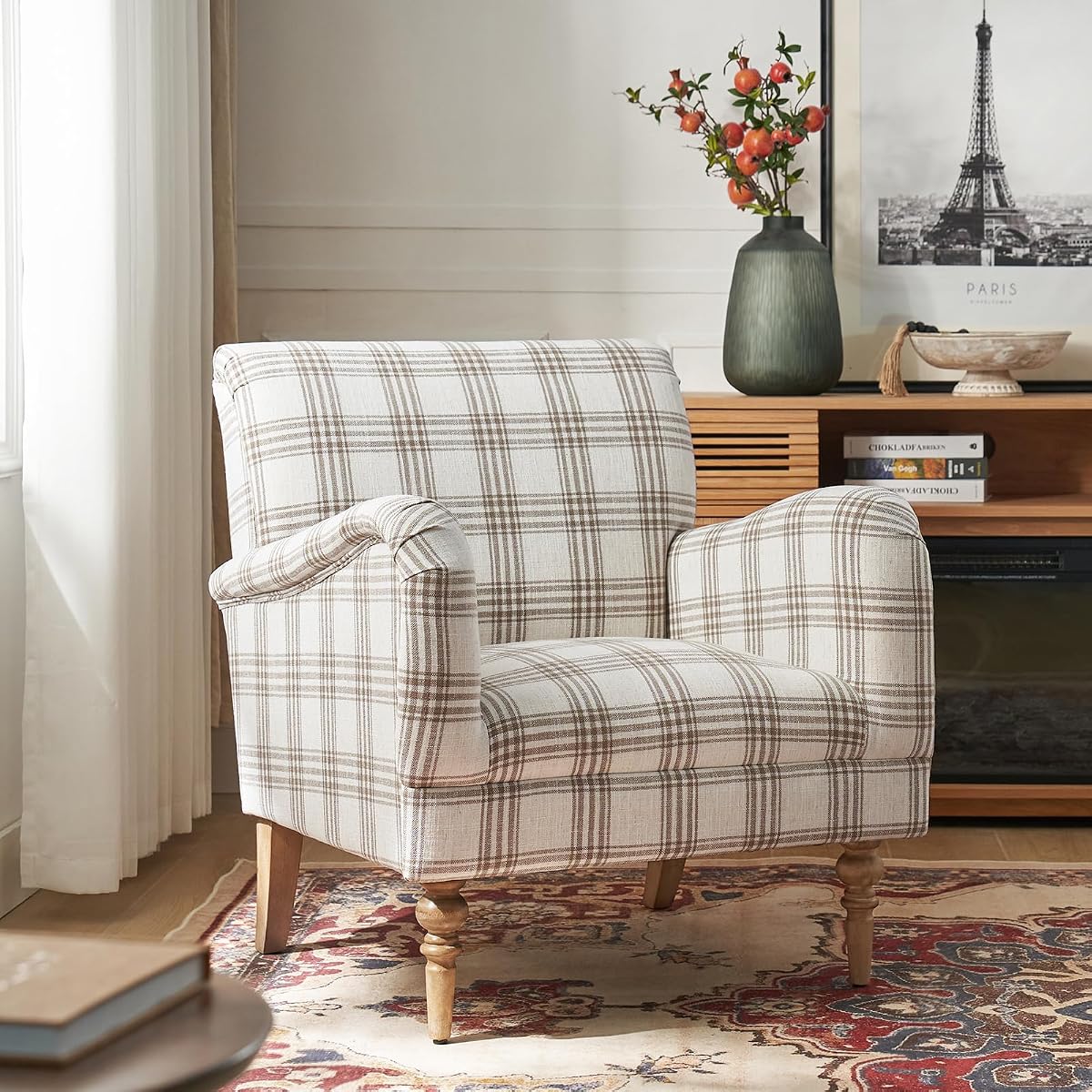 Farmhouse Accent Chair with Plaid Pattern, Tan | Comfy Upholstered Armchair with Solid Wood Legs, Curved Armrests, for Living Room Bedroom Reading Relaxation