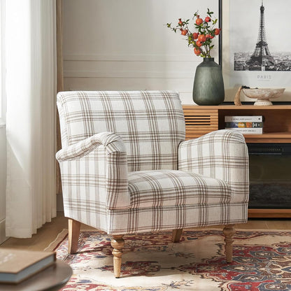 Farmhouse Accent Chair with Plaid Pattern, Tan | Comfy Upholstered Armchair with Solid Wood Legs, Curved Armrests, for Living Room Bedroom Reading Relaxation