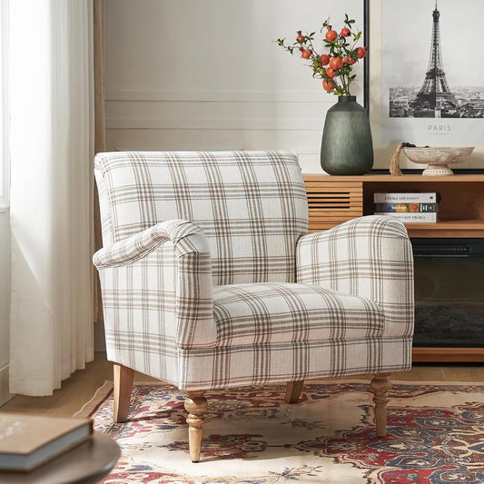 Farmhouse Accent Chair with Plaid Pattern, Tan | Comfy Upholstered Armchair with Solid Wood Legs, Curved Armrests, for Living Room Bedroom Reading Relaxation