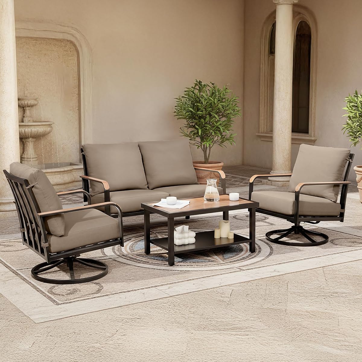 Patio Furniture Sets,4 Pieces Metal Outdoor Conversation Sofa Set with High Back Swivel Rocking Chairs with Anti-Scald Armrest,Double-Deck Wooden-Grain Table,6" Cushions for Yard