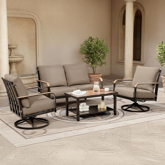 Patio Furniture Sets,4 Pieces Metal Outdoor Conversation Sofa Set with High Back Swivel Rocking Chairs with Anti-Scald Armrest,Double-Deck Wooden-Grain Table,6" Cushions for Yard