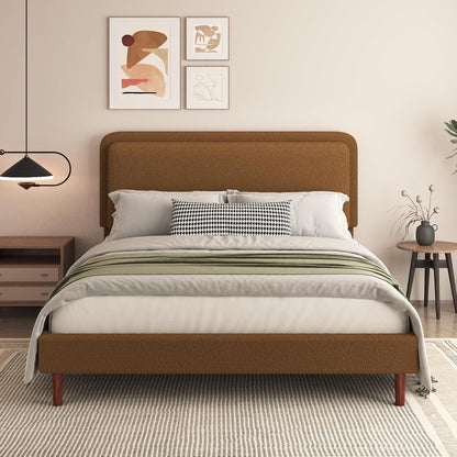 Queen Size Boucle Platform Bed Frame with Adjustable Headboard