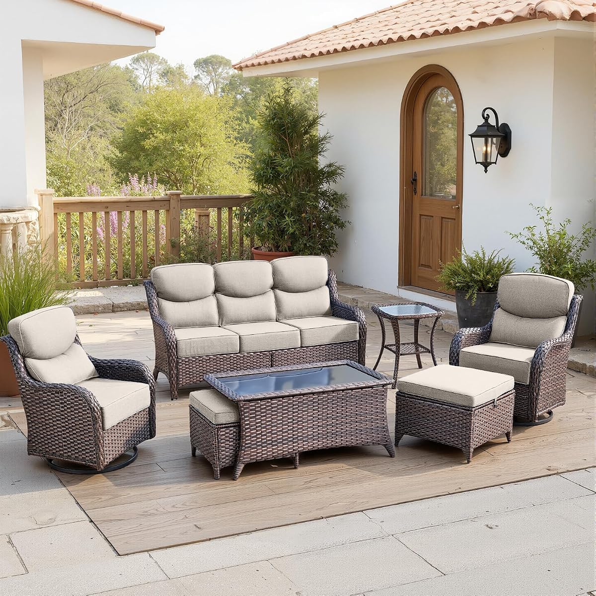 Luxury 6" Thick Cushioned 7 Pieces Patio Furniture Set with Outdoor Couch, Wicker Outdoor Conversation Set with High Back Swivel Rocker Chairs for Deck Porch Yard and Poolside - Brown+Beige