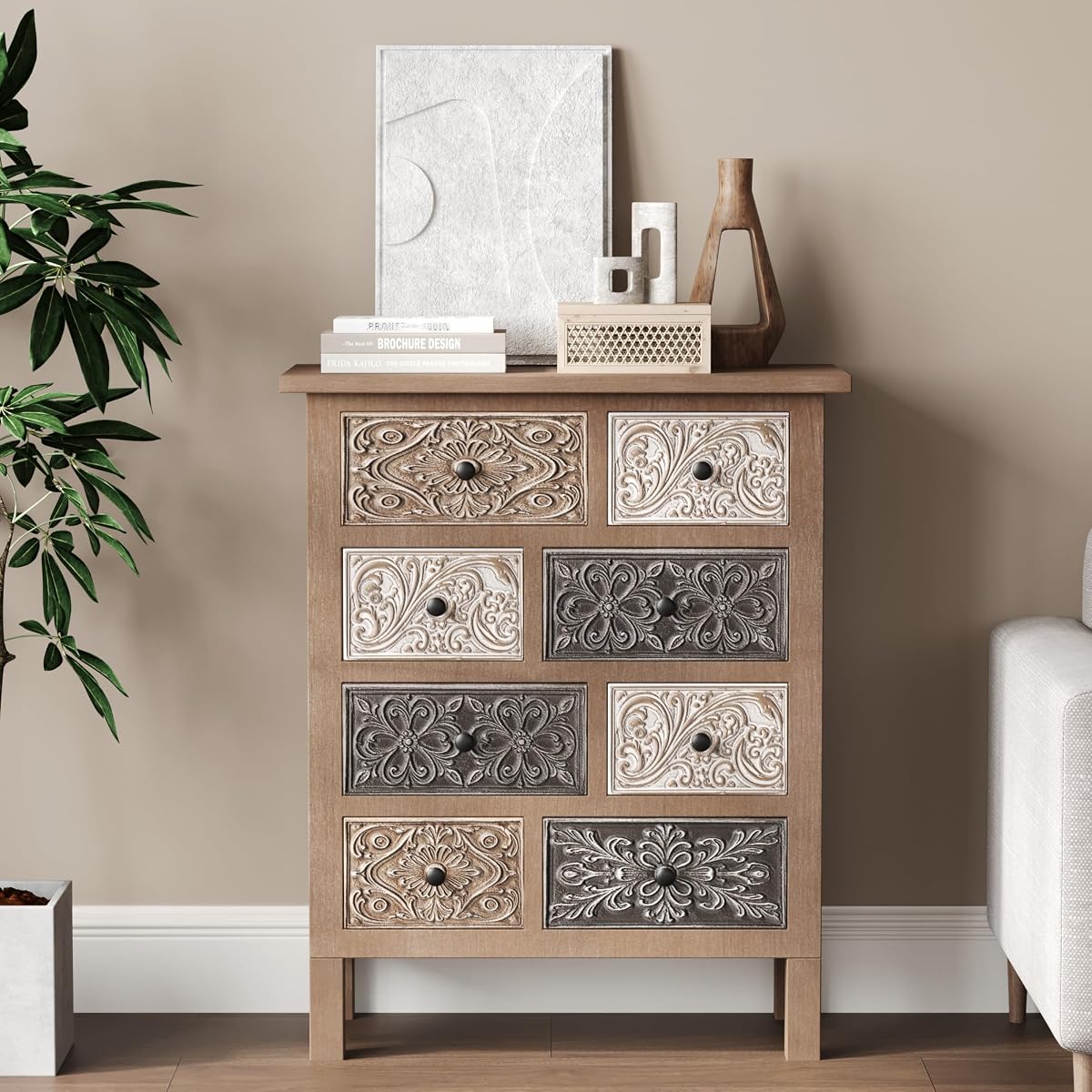 Vintage Accent Cabinet with 8 Hand-Carved Drawers, Boho Rustic Wood Storage Chest, Fully Assembled Distressed Apothecary Console for Entryway, Living Room & Bedroom
