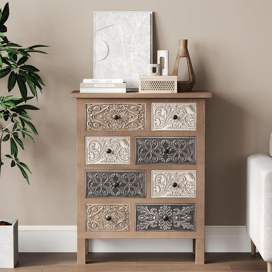 Vintage Accent Cabinet with 8 Hand-Carved Drawers