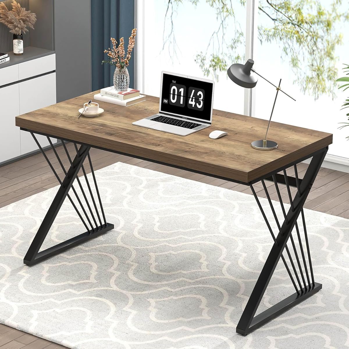 Computer Desk, Modern Home Office Desk, Industrial Wood and Metal Study Writing Work PC Table for Bedroom Living Room, Rustic Oak, 47 Inch